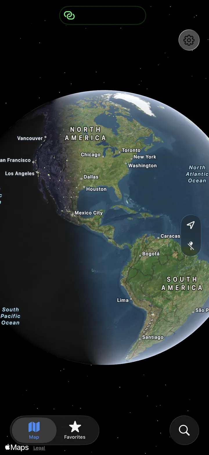Tap Weather: 3D globe map of the Americas at night with a forecast sheet for Miami