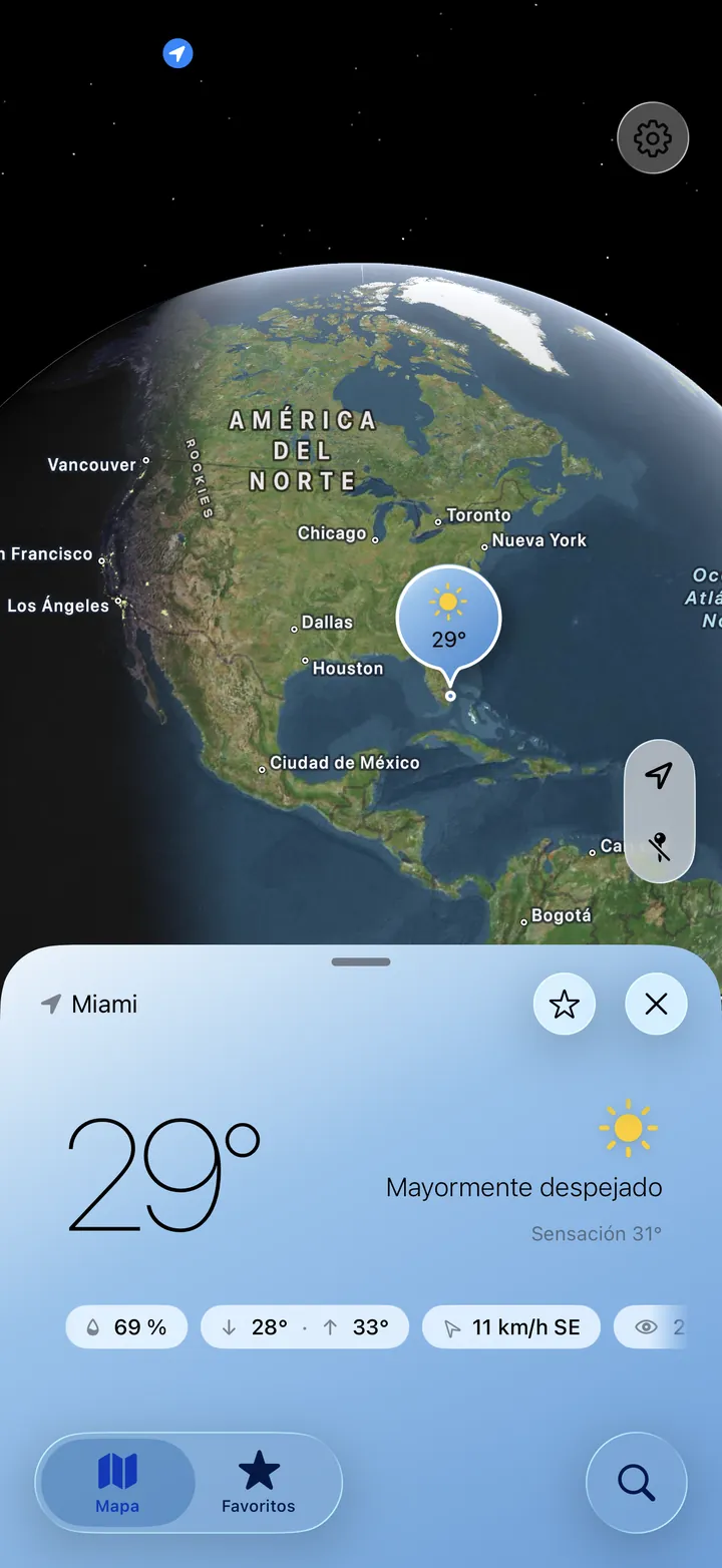 Tap Weather: marcador en Miami con 29° y la hoja de pronóstico en español