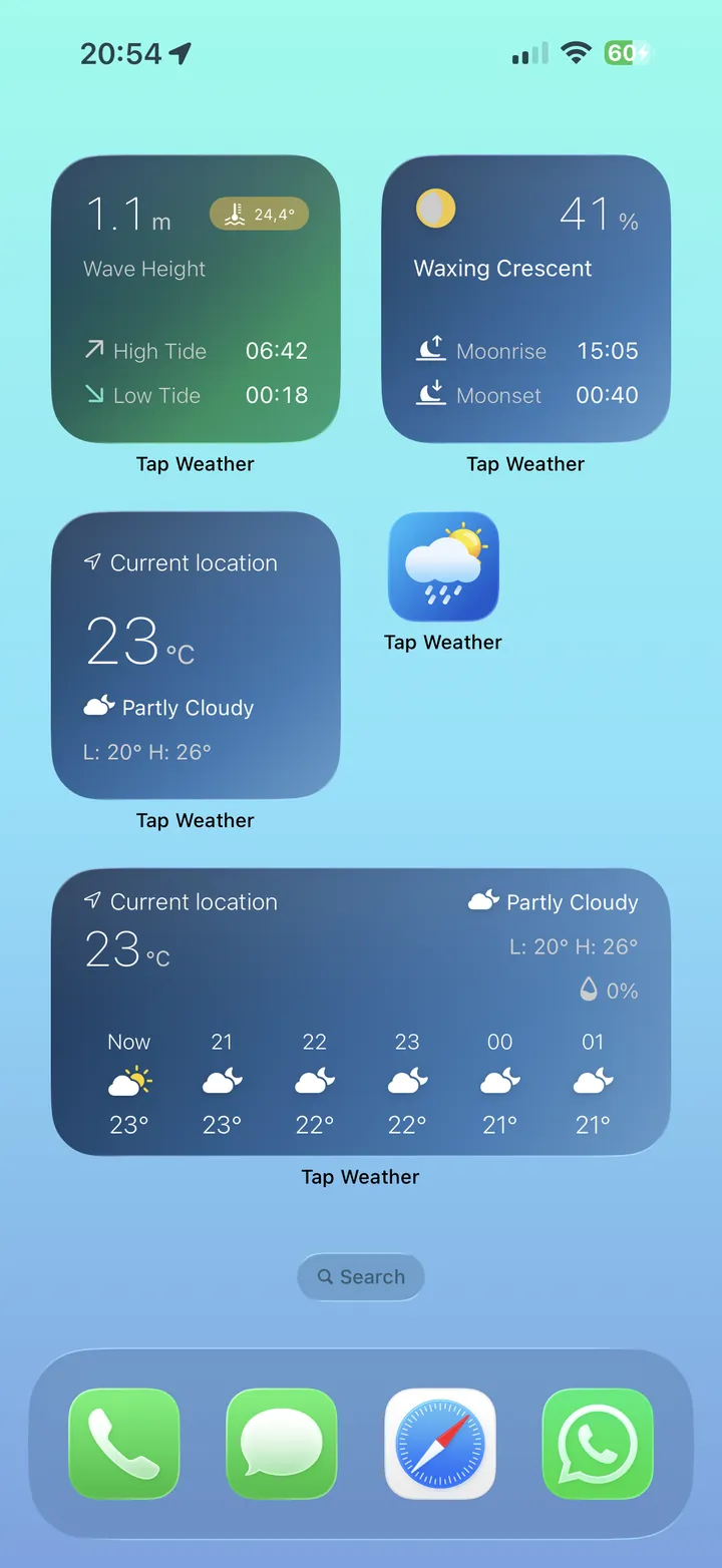 iPhone Home Screen with Tap Weather widgets: wave height, moon phase, current conditions and hourly strip